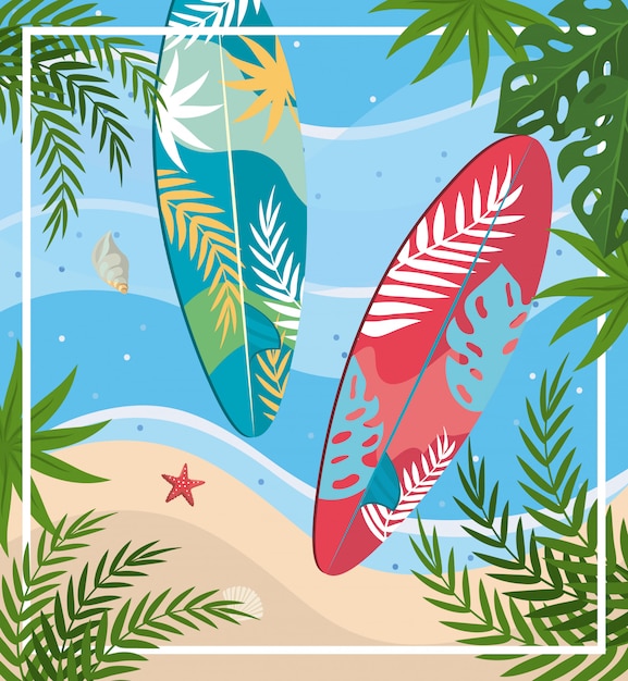 Vector surfboards with starfish and shell with leaves plants in the beach