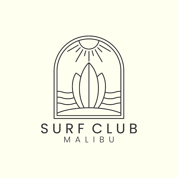 Surfclub met badge en lijn kunst stijl logo pictogram sjabloon ontwerp malibu beachsun zee vectorillustratie