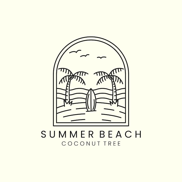 Surfclub met badge en lijn kunst stijl logo pictogram sjabloon ontwerp zomer strand birdseacoconut boom vectorillustratie