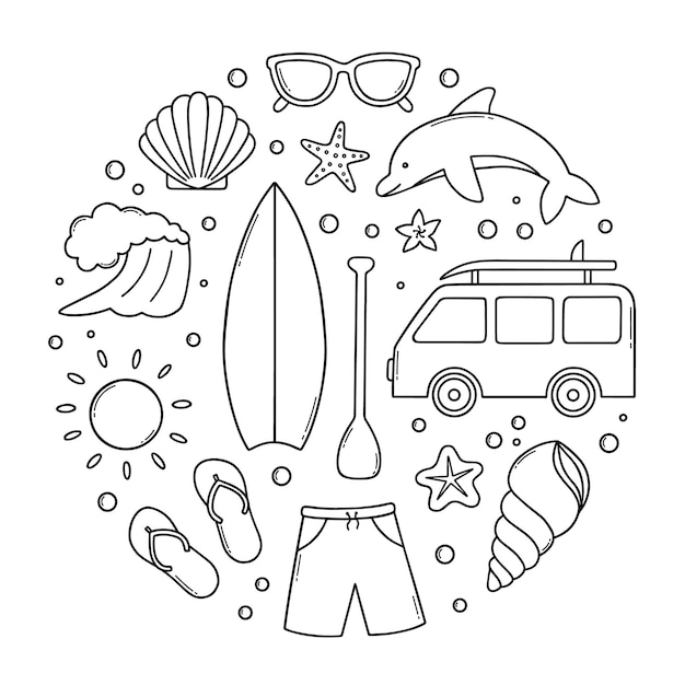 Surfen doodle set zomer elementen surfplank golf dolfijn shorts in schets stijl hand getrokken vectorillustratie geïsoleerd op een witte achtergrond