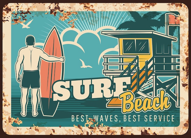 Surfen metalen plaat roestige surfer met illustratie ontwerp van de surfplank