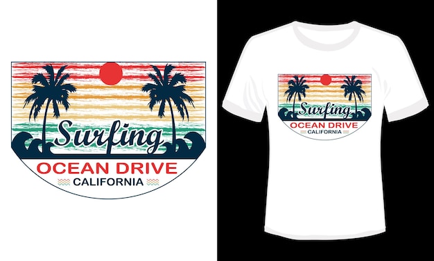 Surfen Ocean Drive Californië T-shirt ontwerp vectorillustratie