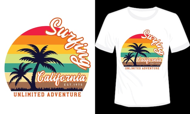 Surfen onbeperkt avontuur californië tshirt design vector illustratie