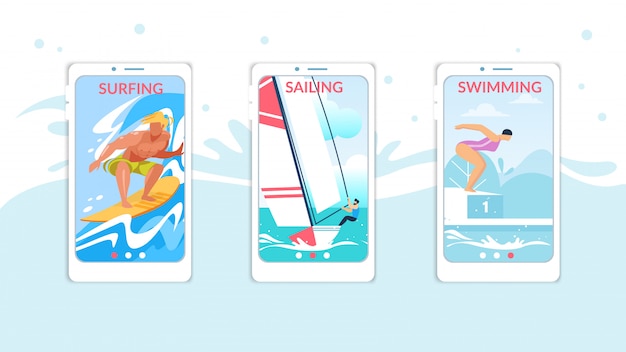 Surfen, zeilen, zwemmen mobiele app-pagina onboard screen set voor website