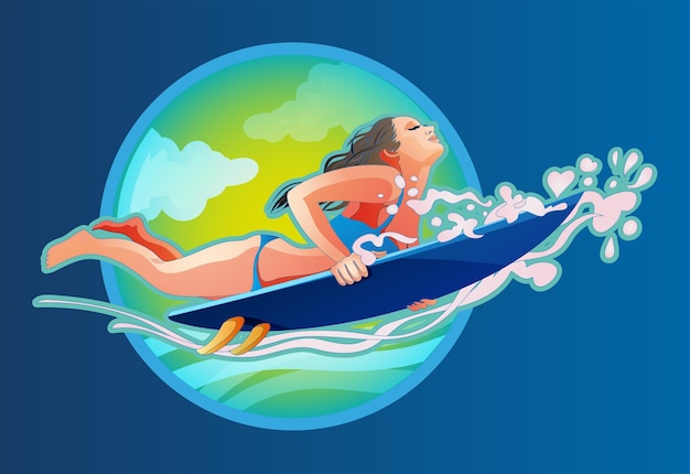 Surfend meisje op de surfplank die golven in de zee vangt. Een meisje met een surfplank duikt onder een golf. Vector stijlvol icoon in een vlakke stijl op het thema surfen.