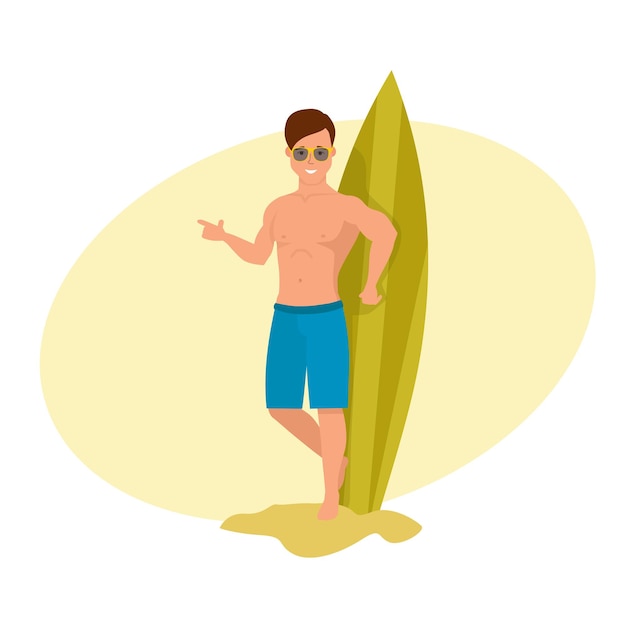 Surfer on beach is standing and posing against background board