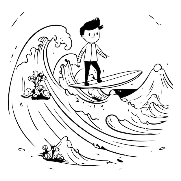 Vector surfer boy on the wave in cartoon style