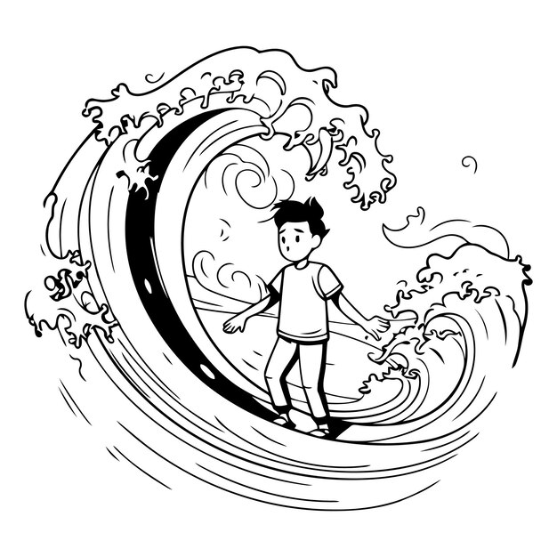 Vector surfer boy on the wave in cartoon style