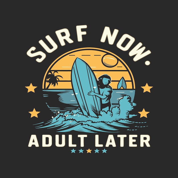 Surfer die surft op de zeegolf vintage t-shirt ontwerp sjabloon