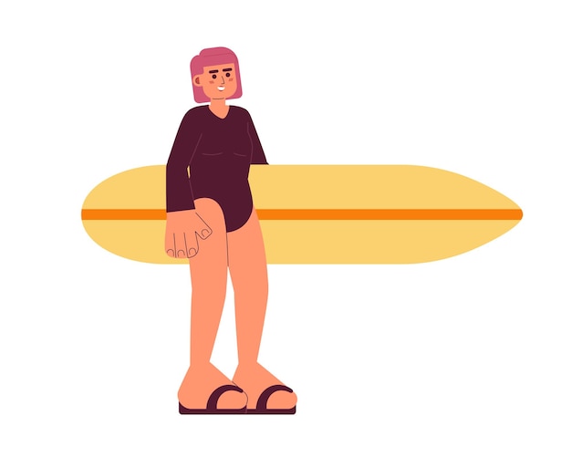 Surfer girl met surfplank semi plat kleurrijk vectorkarakter