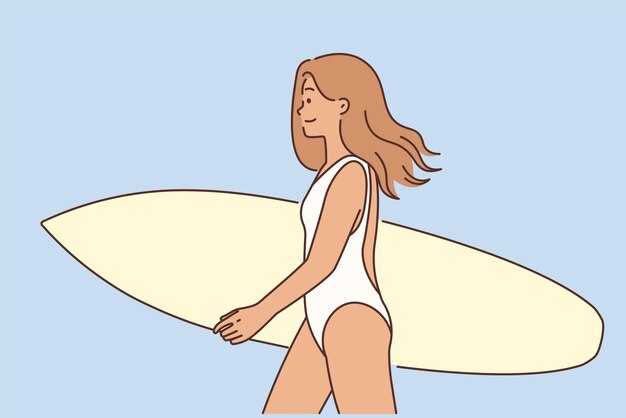 Девушка-серфер идет с доской для серфинга в руках