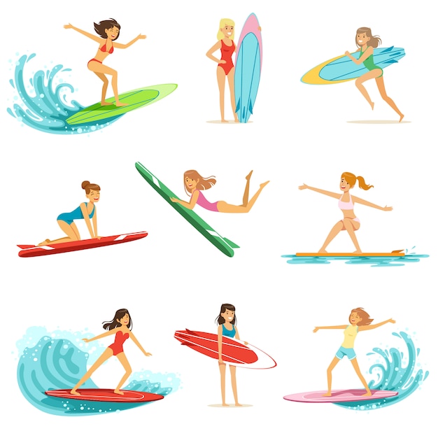 Ragazze surfista cavalcando onde impostate, surfisti in pose diverse illustrazioni su sfondo bianco