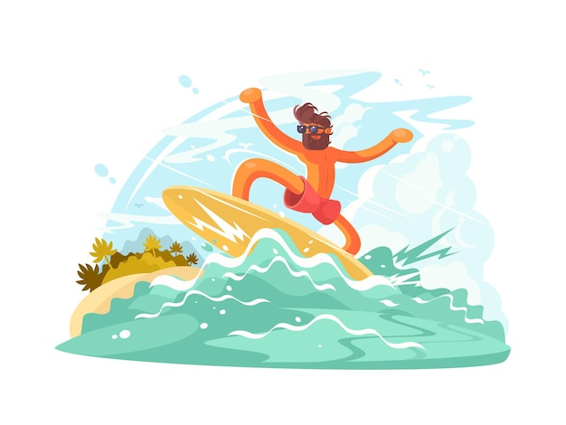 Surfer guy in sunglass sliding on big ocean wave.  illustration