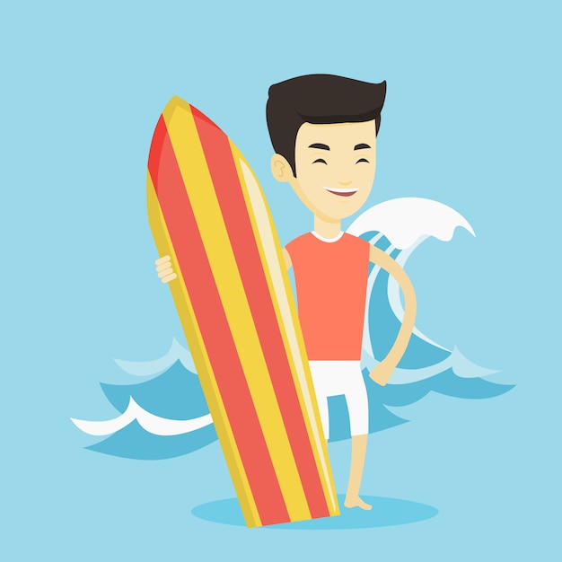 Surfer holding surfboard vector illustration.