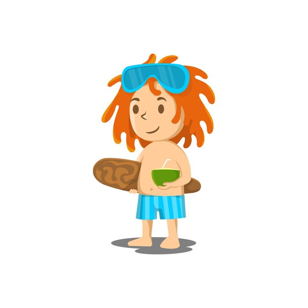 Vector surfer holding young coconut enjoying summer