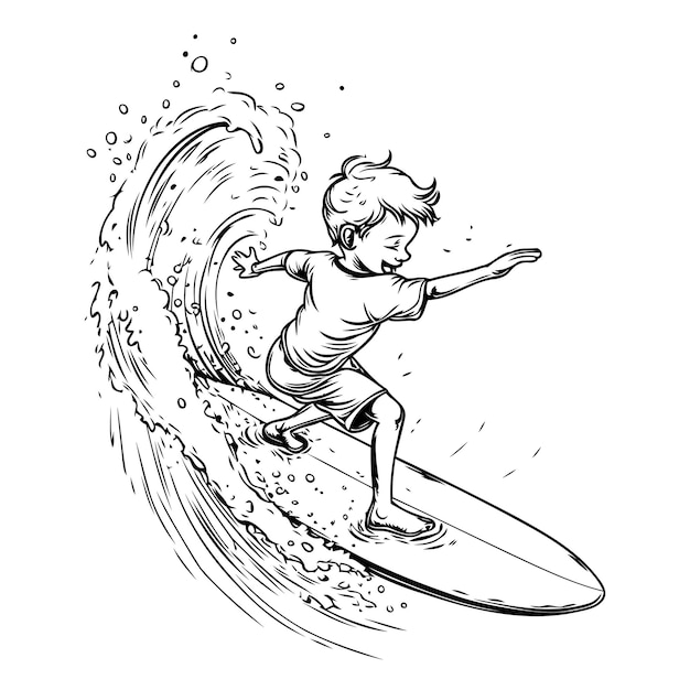 Vector surfer op de golf vector illustratie in zwart-wit