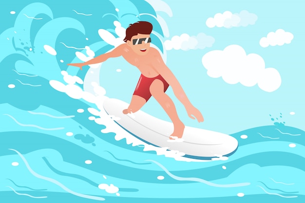 Vector surfer rides water ocean