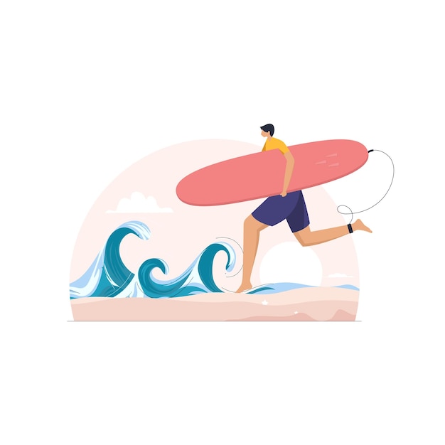 Vector surfer running into the water carrying his board summer vacation on tropical beach