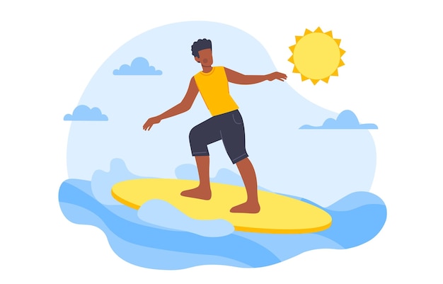 Vector surfer at sea concept man in swimsuit in hot weather at yellow surfboard active lifestyle and