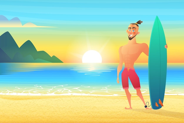 Vector surfer on tropical sand beach happy man standing sunset bay with surfboard by the sea