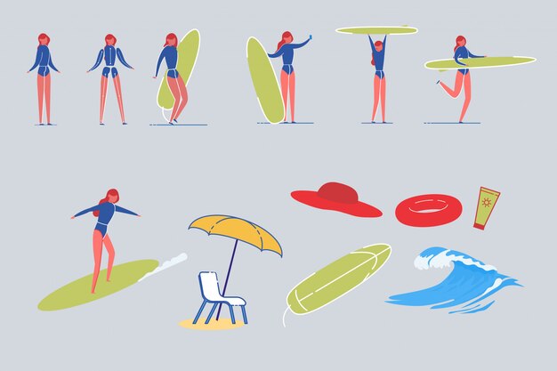 Surfer vrouw tekens met strand items