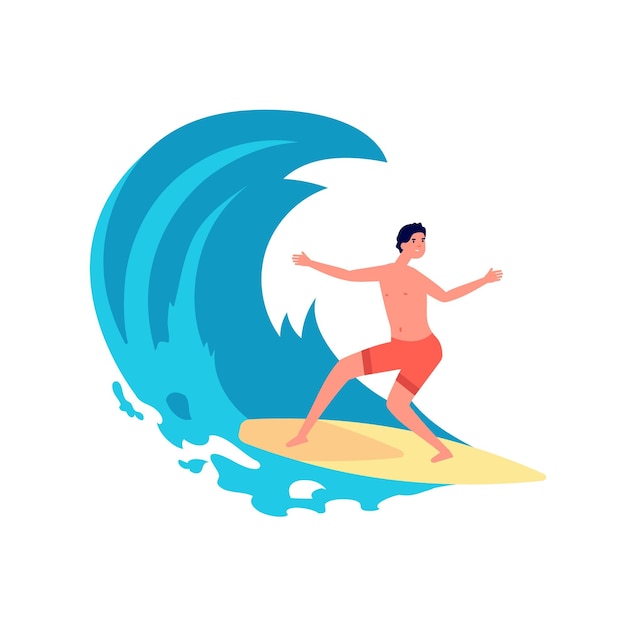 Vector surfer on wave flat young man on surfboard person in water happy surfing traveler summer beach adventures vacation vector illustration surfer adventure surfboard active lifestyle extreme