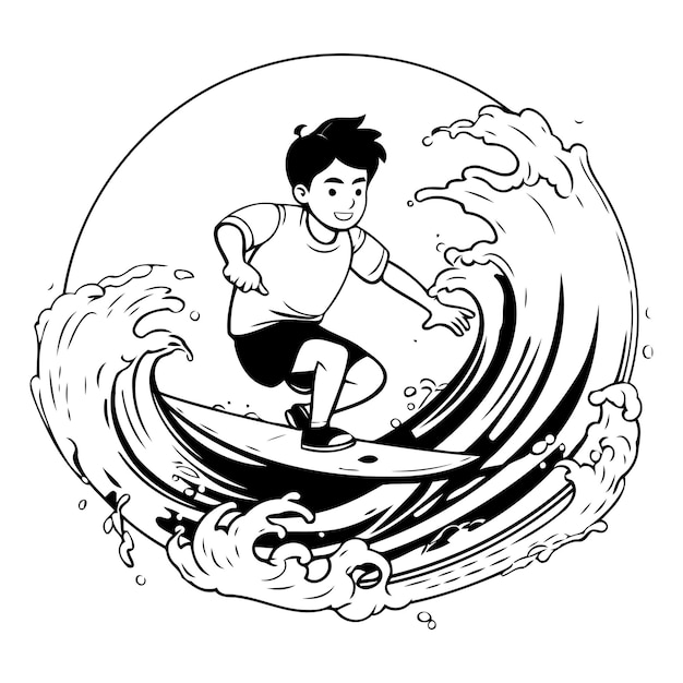 Surfer on the wave vector illustration in a cartoon style