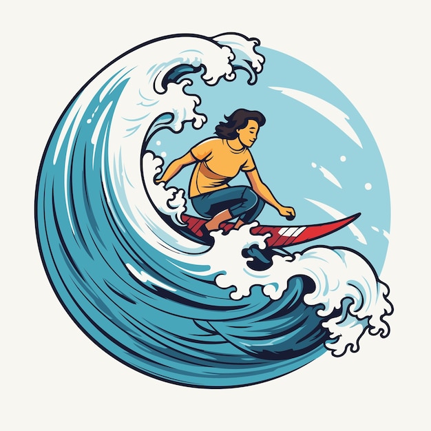 Surfer on the wave Vector illustration in a cartoon style