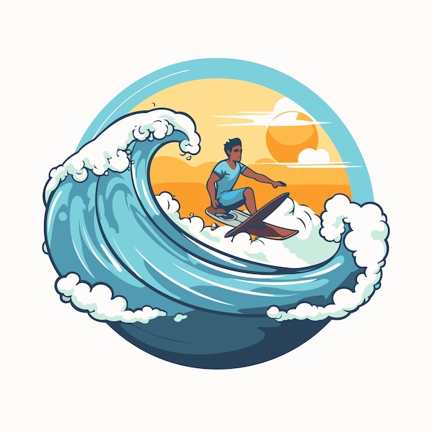 Surfista sull'onda illustrazione vettoriale in stile piatto