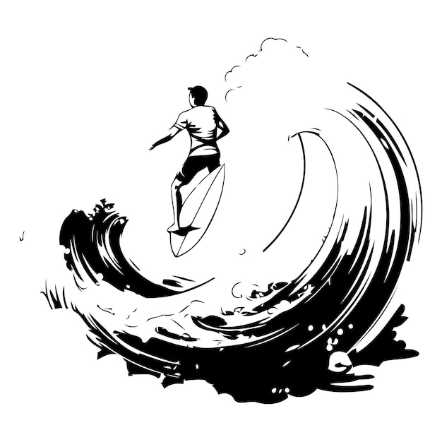 Vettore surfista sull'onda illustrazione vettoriale a forma di cerchio