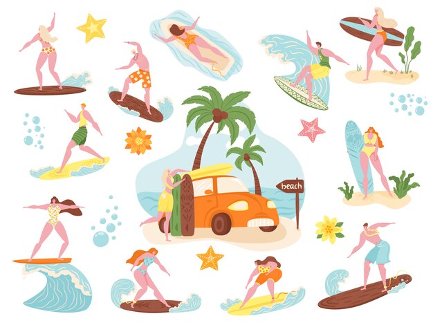 Vector surfers, beach people surf  illustration set, cartoon  active man woman character swimming, surfing on surfboard in sea wave icons