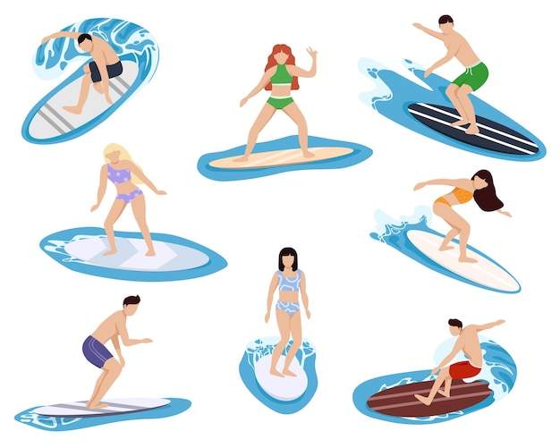 Surfers characters people on boards dissect sea and ocean waves beach sport extreme athletes collect