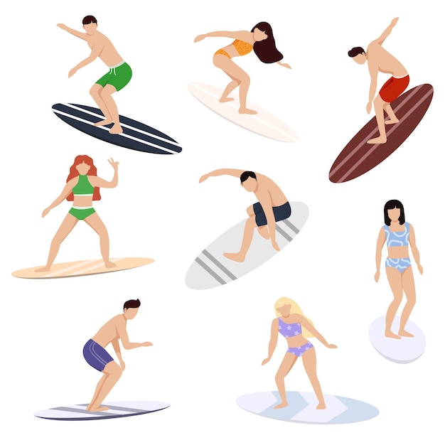サーファーのキャラクター、ボード上の人々が海と海の波を解剖するビーチスポーツの極端なアスリートが収集