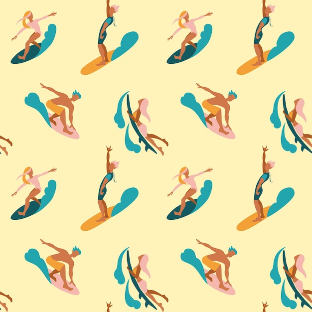 Surfers in the ocean Summer print Seamless pattern