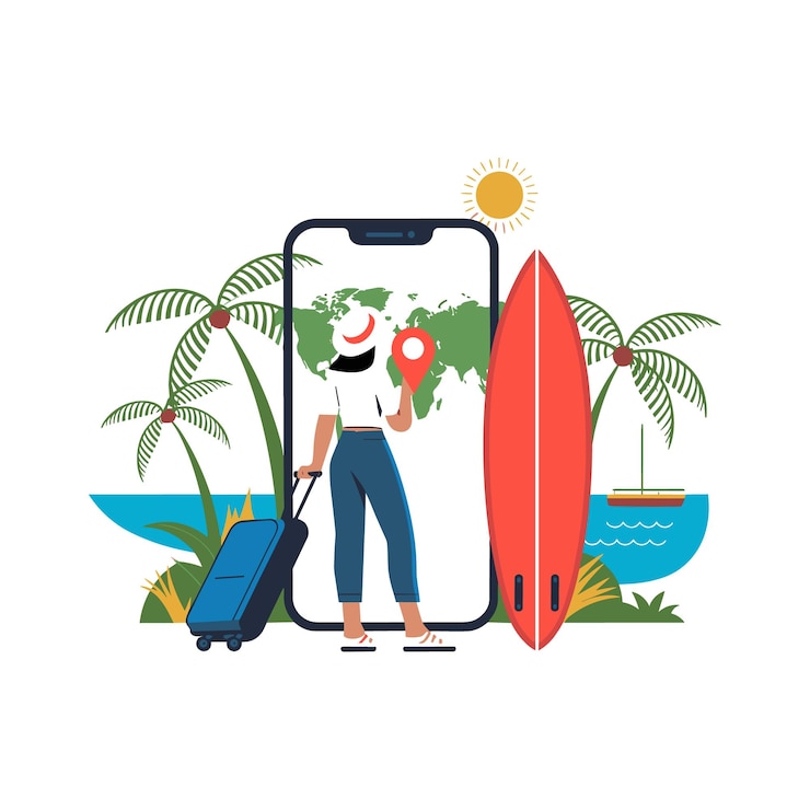 Vector surfers plannen uw tropische ontsnapping
