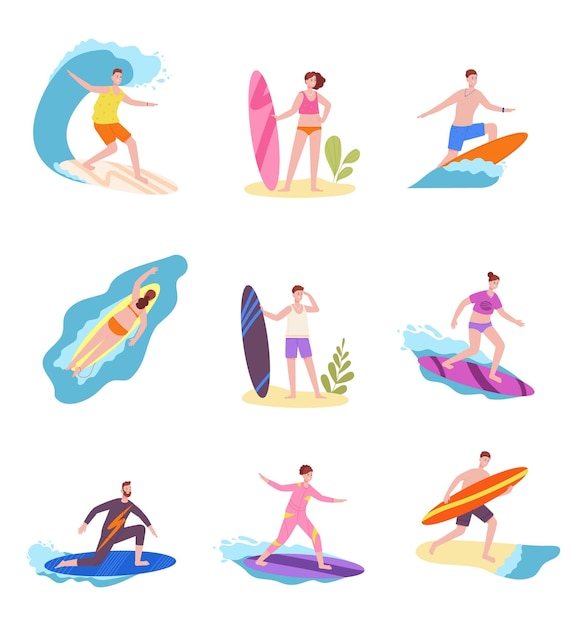 Surfers ride in sea Surfer on surfboard riding ocean wave australia swell water sporting travel happy man swim board surfing california beach activity vacation splendid vector