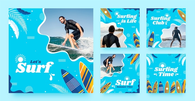 Vector surfing adventure instagram posts