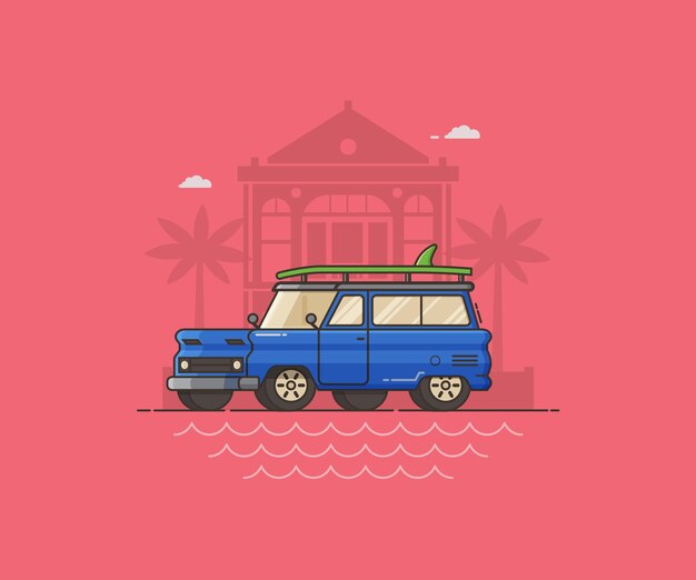 Vettore illustrazione vettoriale del concetto di viaggio in auto da surf in stile piatto suv blu con tavola da surf sulla città balneare paesaggio di vacanze estive con automobile sullo sfondo del villaggio mediterraneo