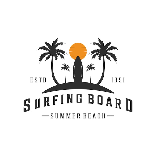 Surfing beach logo vintage vector illustration template icon design paradise retro symbol