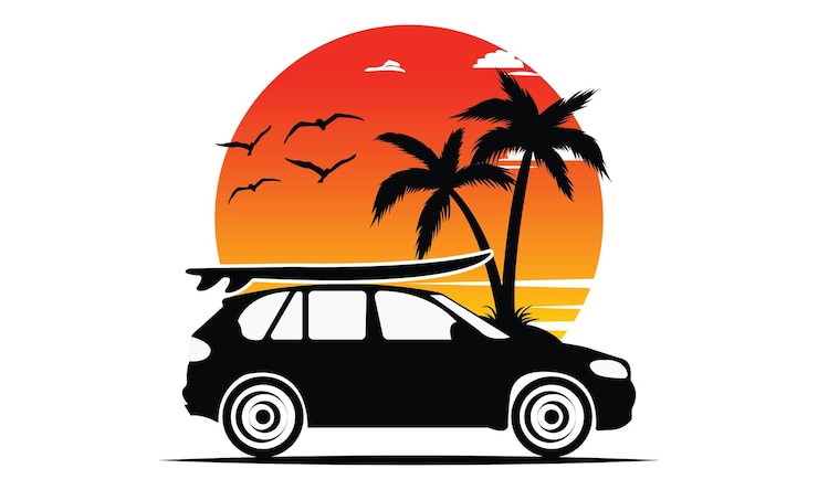 Vector surfing beach, and mountain svg illustration design. motivational surfing beach.