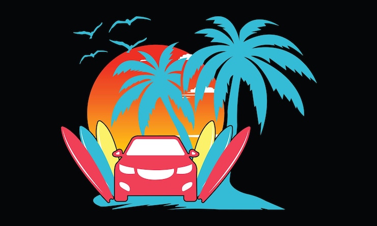 Vector surfing beach, and mountain svg illustration design. motivational surfing beach.