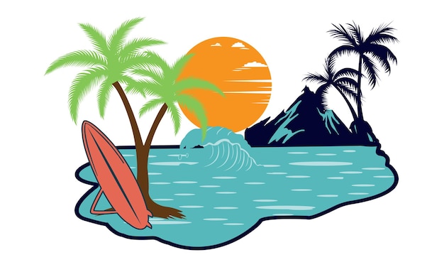 Surfing Beach и Mountain SVG Illustration design. Мотивационный пляж для серфинга.