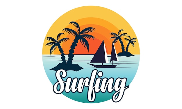 Surfing Beach Vector and Illustration Design.