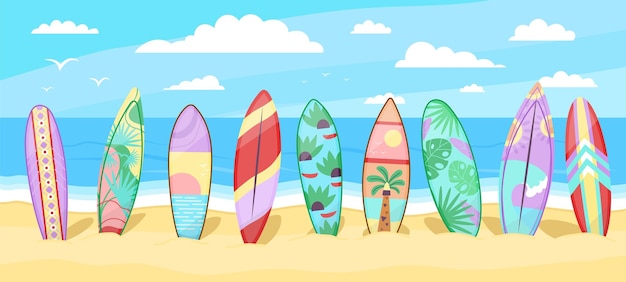 Surfing board on beach Surfboard background ocean panorama with decor surf boards in sand Hawaii extreme sport training cartoon decent vector landscape Illustration of beach surfboard for surfing