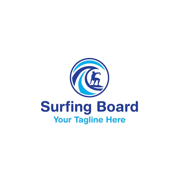 サーフィン ボードまたはブルー ウェーブのロゴ デザインのベクトル