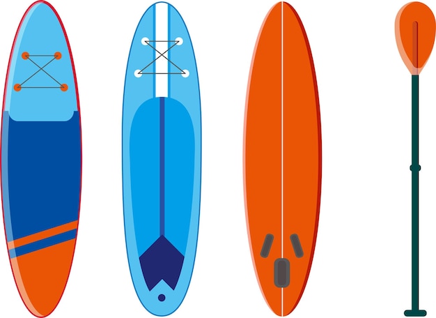 Surfing board paddle flat illustration set