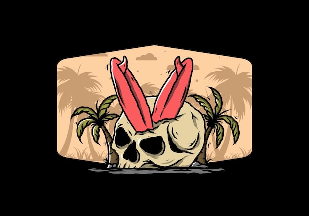 Surfing board stuck in human skull illustration