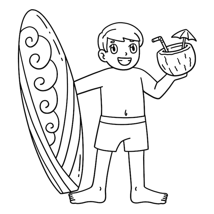 Vector surfing boy surfboard and tropical drink isolated
