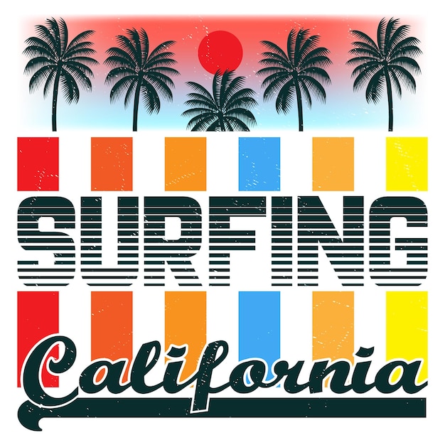 Surfing California Beach Vector Illustration T-Shirt Design