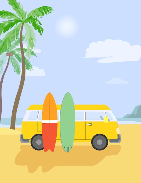 Vector surfing a car with surfboards on the background of the ocean tropical landscape with palm trees